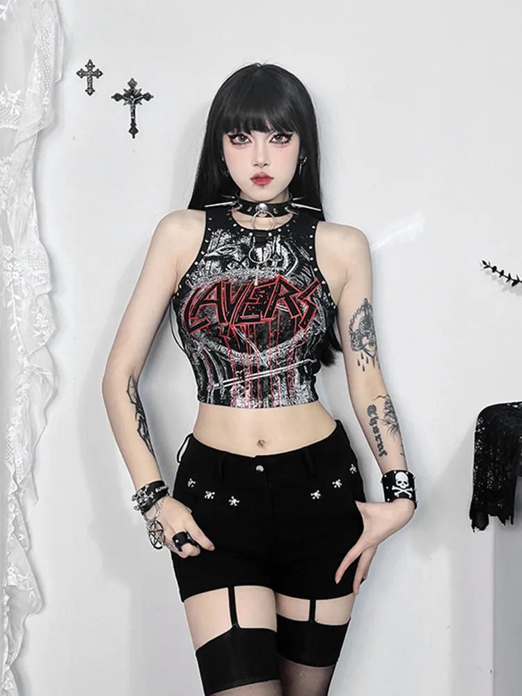 Gothic Retro Rivet Print Graphic Crop Top