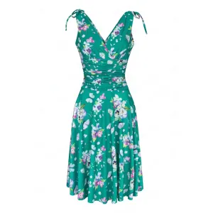 Green Floral & Butterfly Print Crossover Top Grecian Style 50s Swing Dress