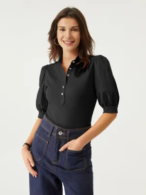 Half Button-Down Puff Sleeve Top