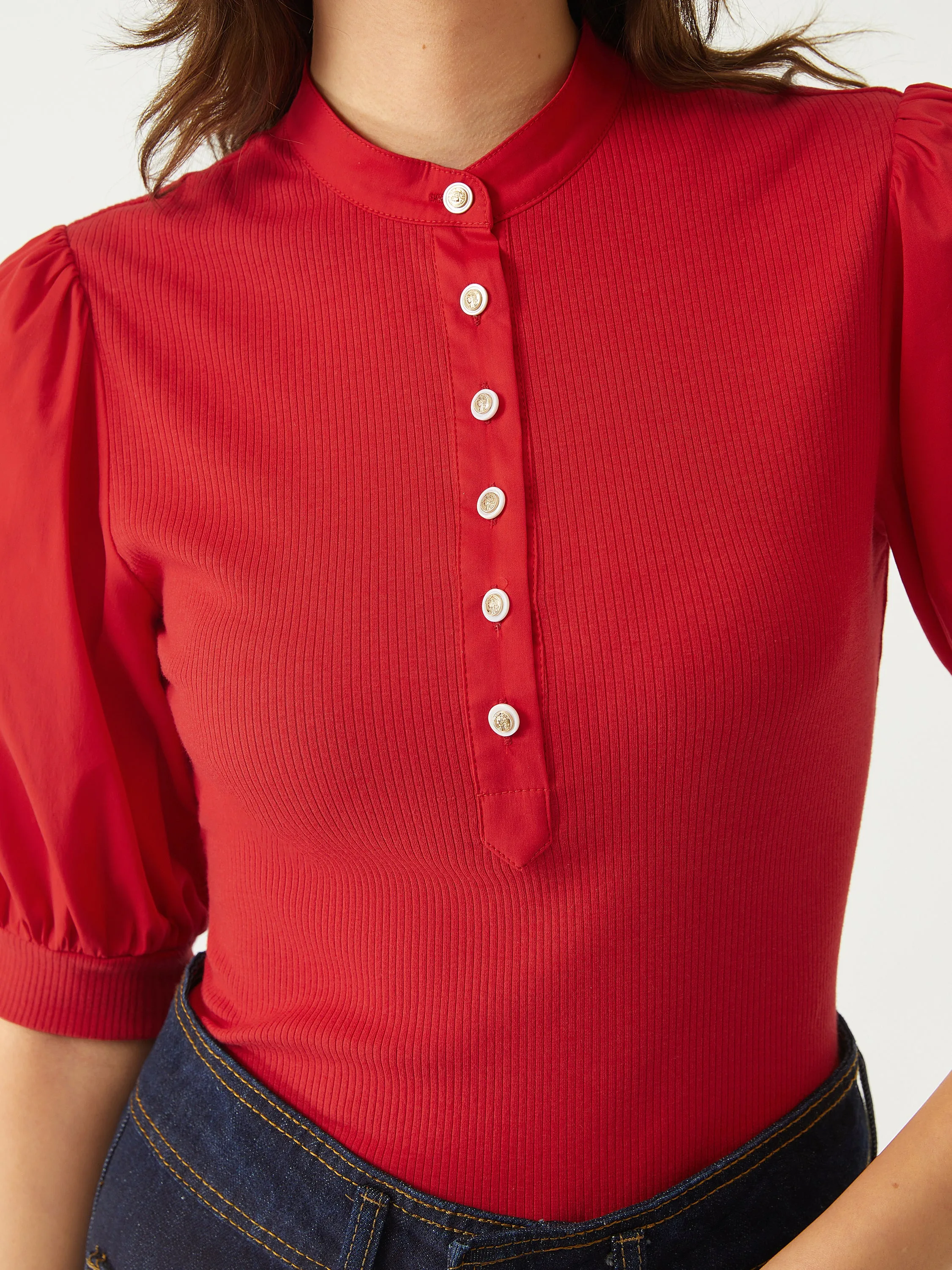 Half Button-Down Puff Sleeve Top