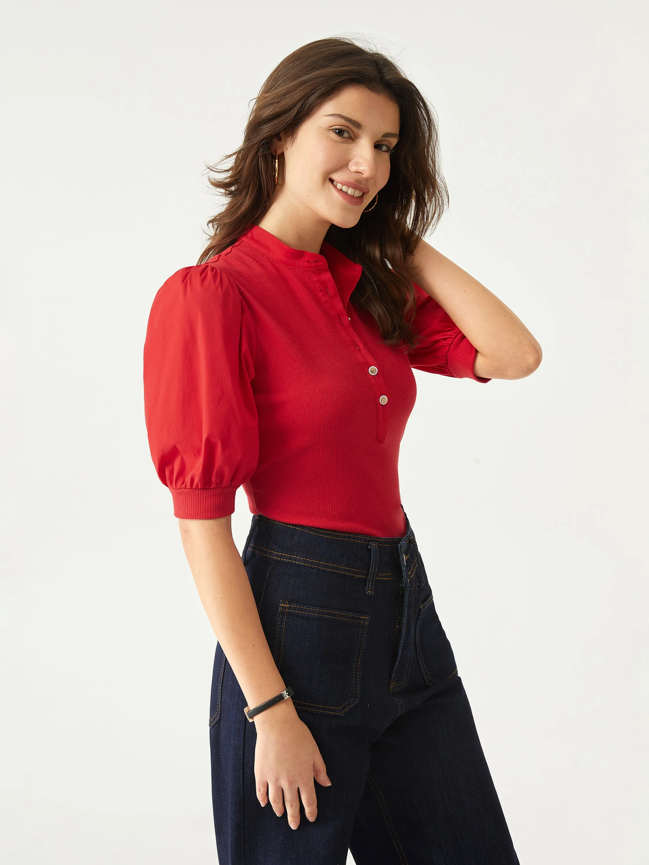 Half Button-Down Puff Sleeve Top