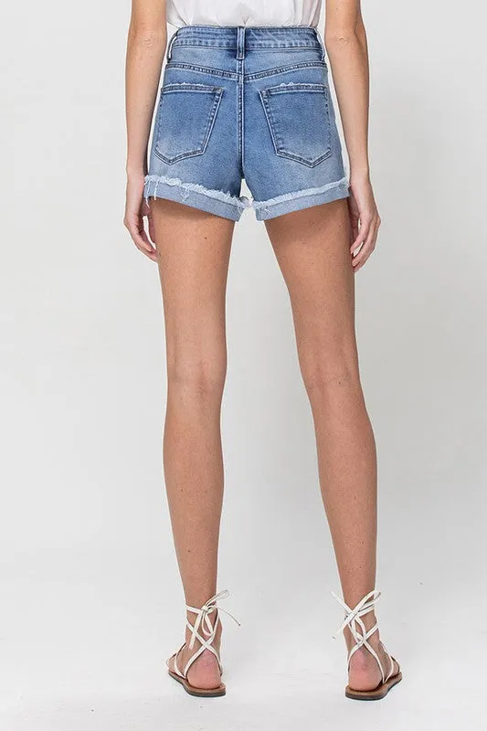 High Rise Cuffed Jean Denim Shorts with spandex