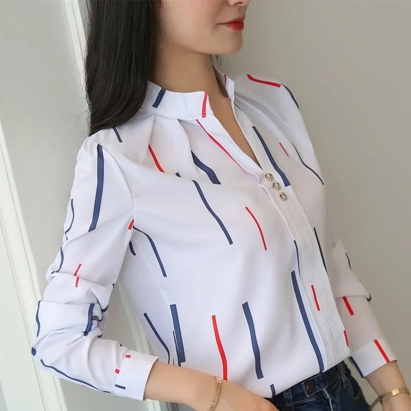 JFUNCY Women White Tops Women's Blouses Fashion Stripe Print Casual Long Sleeve Office Lady Work Shirts Female Slim Blusas