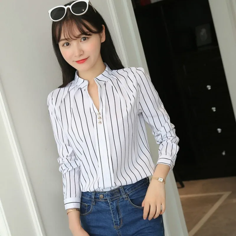 JFUNCY Women White Tops Women's Blouses Fashion Stripe Print Casual Long Sleeve Office Lady Work Shirts Female Slim Blusas