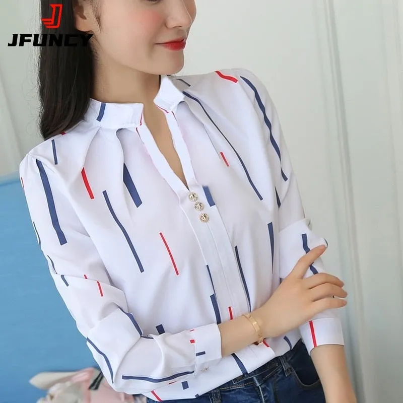 JFUNCY Women White Tops Women's Blouses Fashion Stripe Print Casual Long Sleeve Office Lady Work Shirts Female Slim Blusas