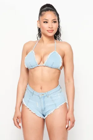 Ladies denim distressed 2 piece bikini shorts set