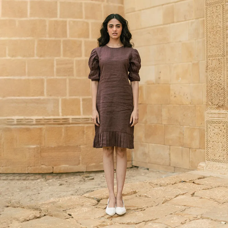 Linen Mini Dress for Women | Wine | Pleated Hemline