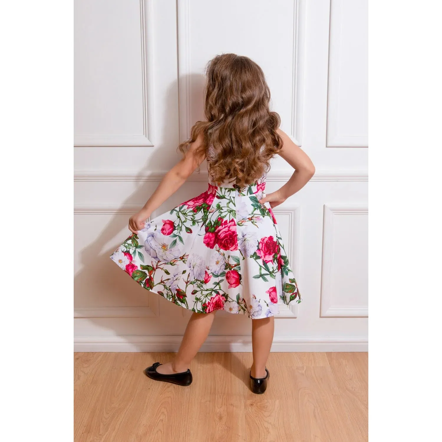 Little Kitty Girl's White Floral Print Party Dress