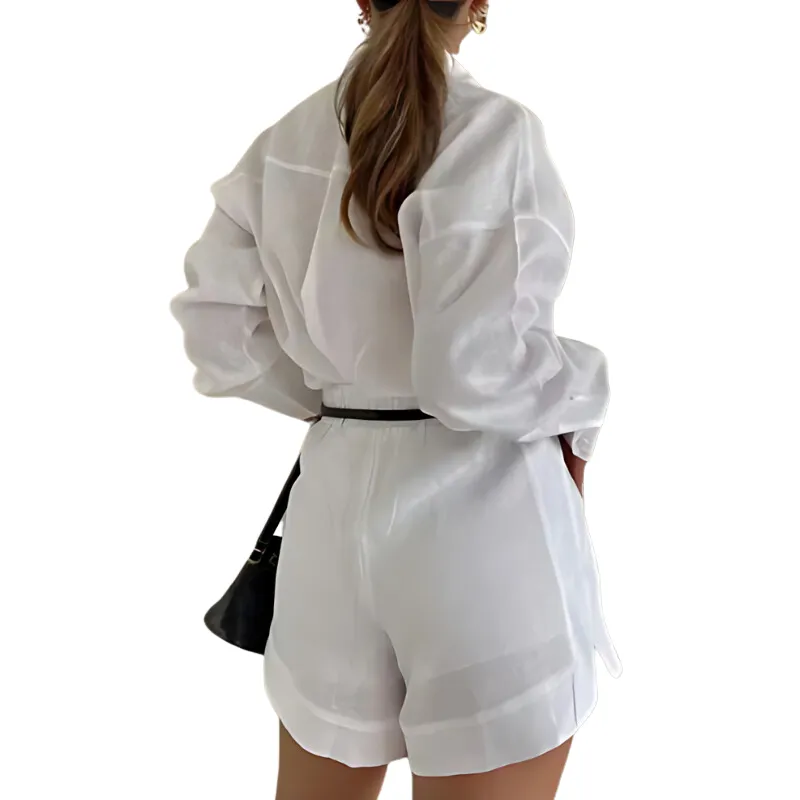 Long Sleeve Button-Up Shirt and High-Waisted Shorts Matching Set