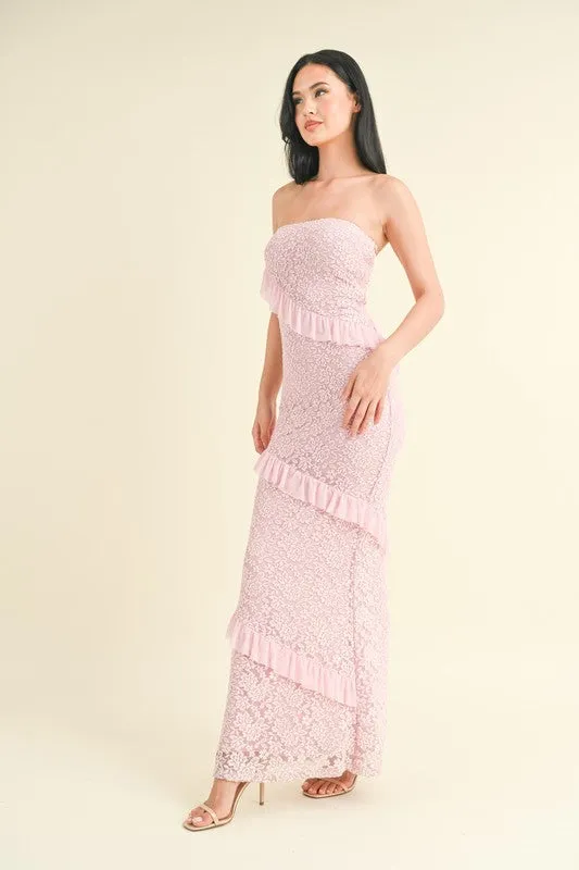 Lt Pink Strapless Ruffled Lace Maxi Dress