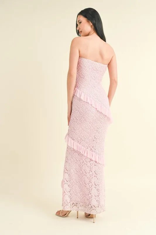 Lt Pink Strapless Ruffled Lace Maxi Dress