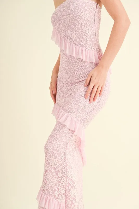 Lt Pink Strapless Ruffled Lace Maxi Dress