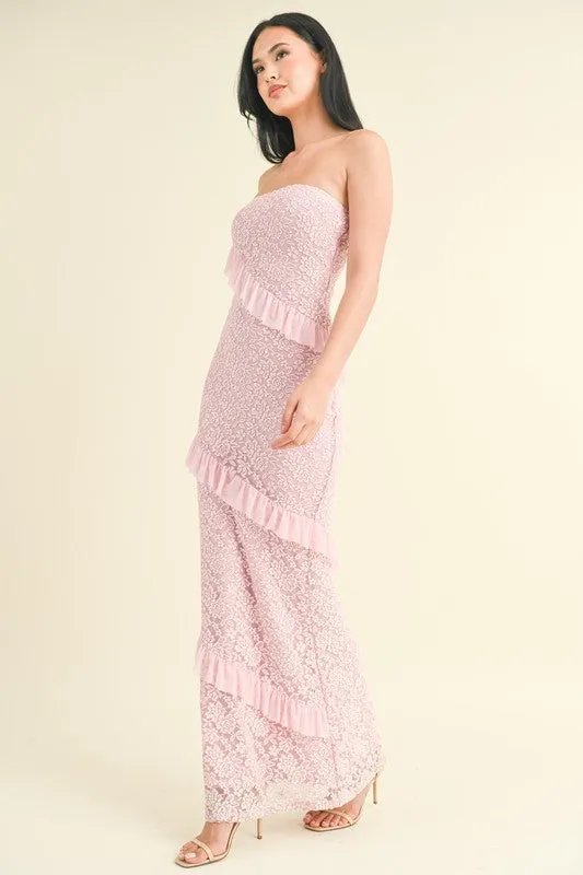 Lt Pink Strapless Ruffled Lace Maxi Dress