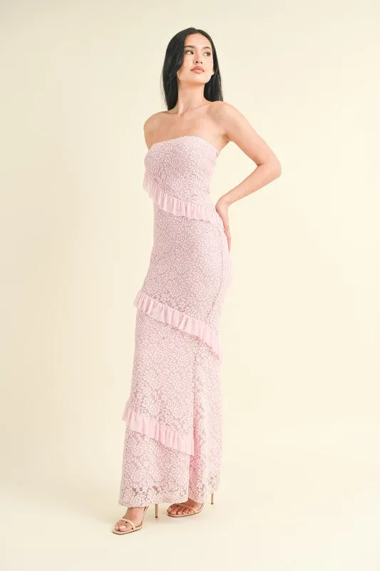 Lt Pink Strapless Ruffled Lace Maxi Dress