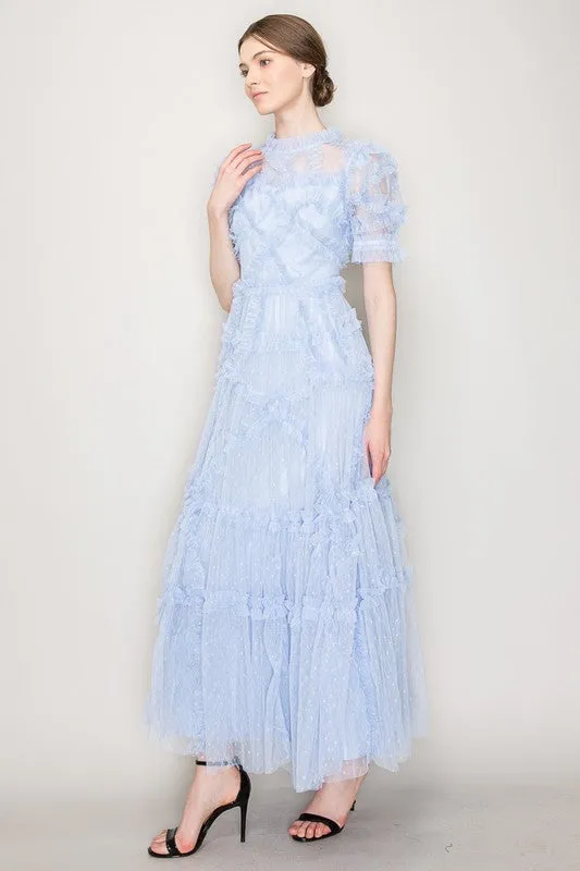 Lt.Blue Short Sleeves Dotted Tulle Ruffle Maxi Dress