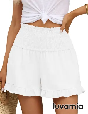 luvamia 2023 Womens Shorts for Summer Casual Elastic High Waisted Ruffle Flowy Wide Leg Shorts Lightweight Beach Wear