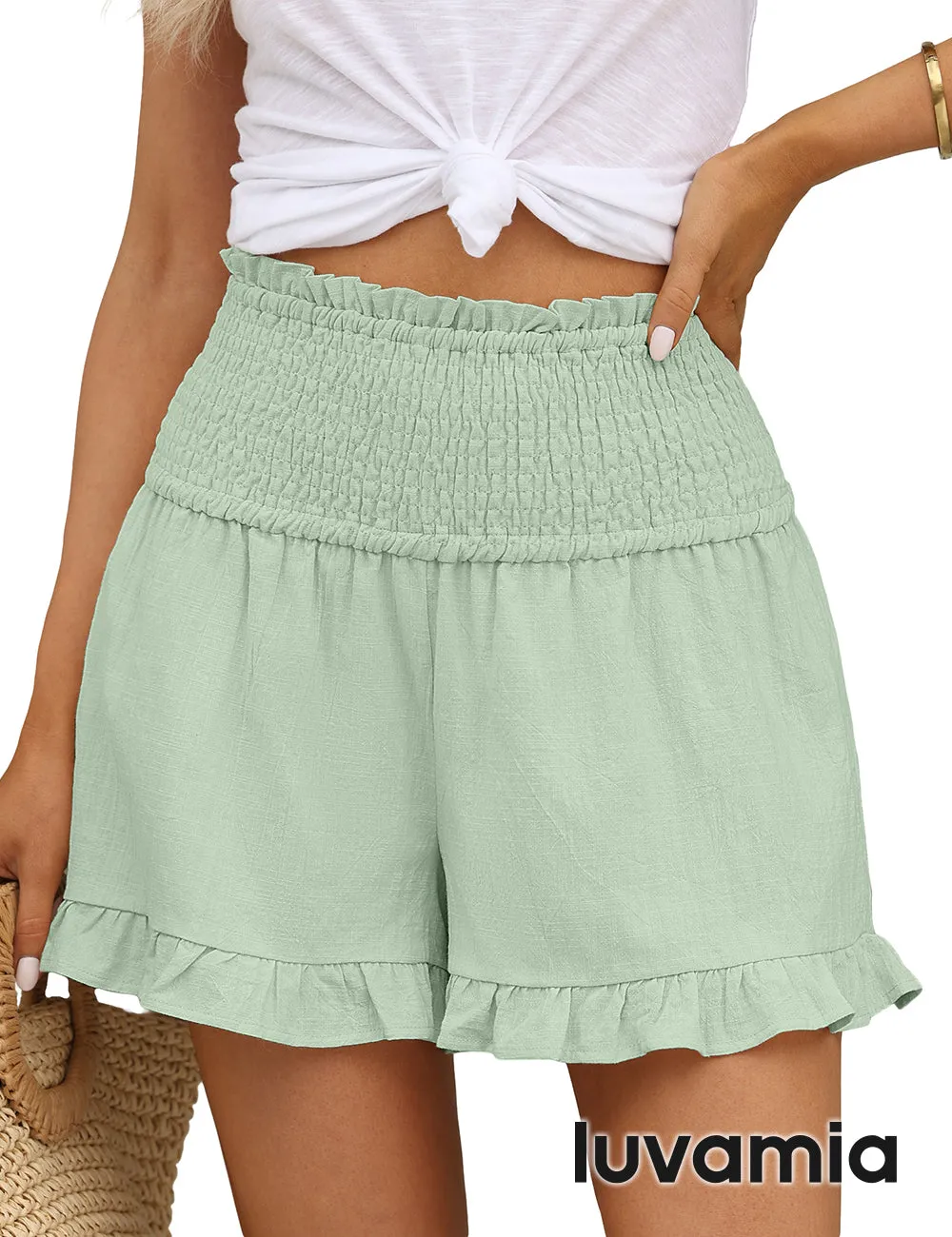 luvamia 2023 Womens Shorts for Summer Casual Elastic High Waisted Ruffle Flowy Wide Leg Shorts Lightweight Beach Wear