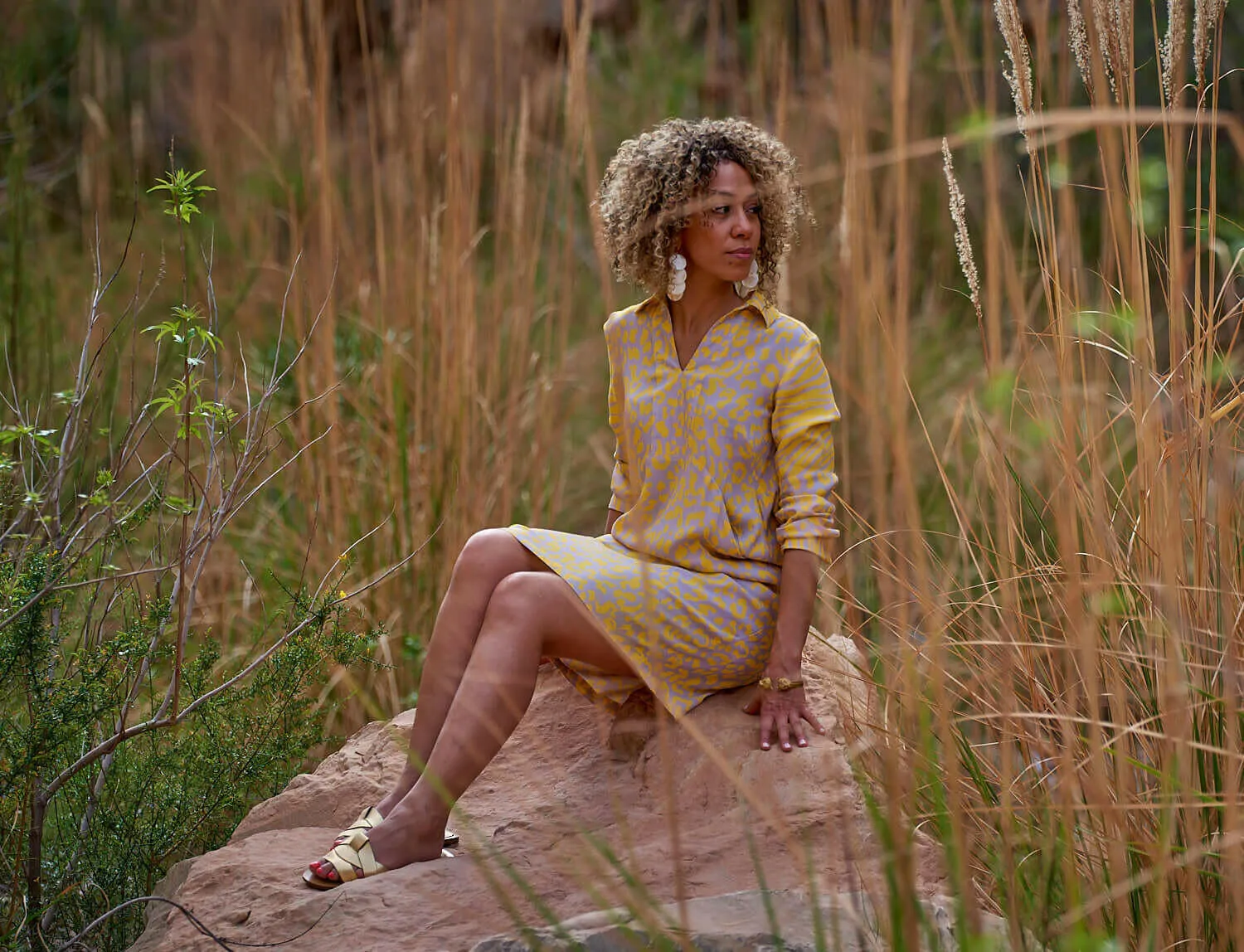 Mixed Print Shirt Dress Yellow