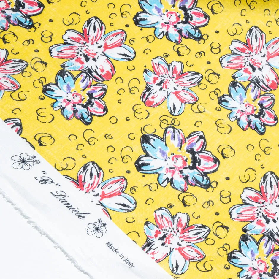 Multi Floral Printed Yellow Handkerchief Linen