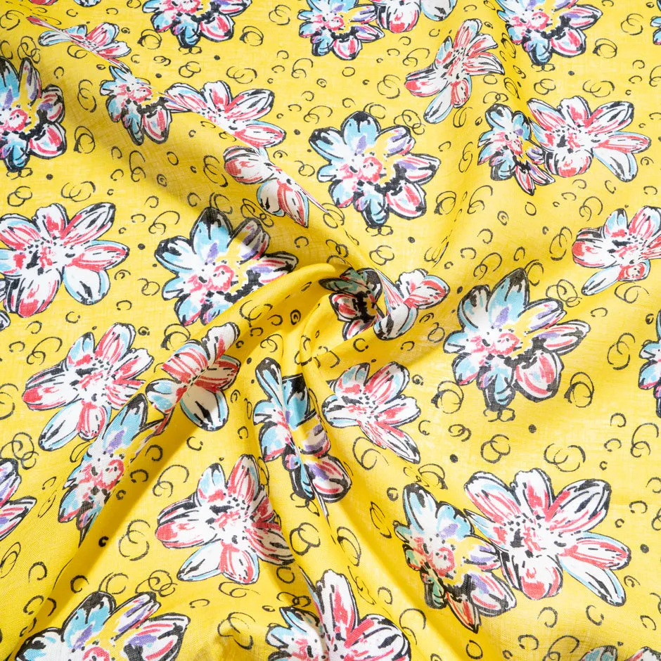 Multi Floral Printed Yellow Handkerchief Linen