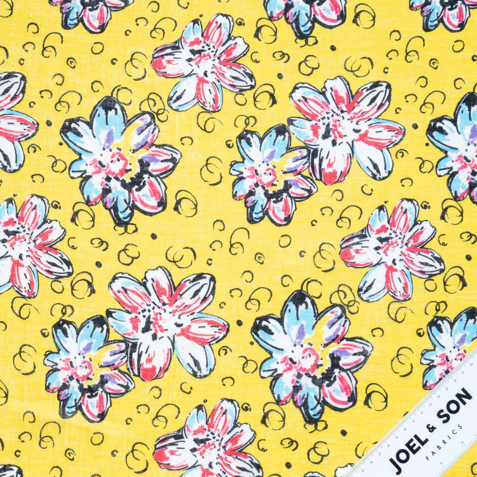 Multi Floral Printed Yellow Handkerchief Linen