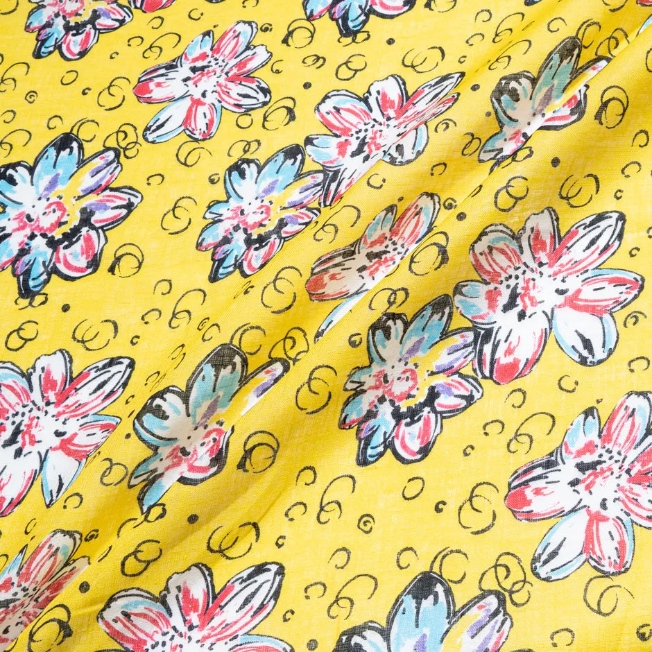 Multi Floral Printed Yellow Handkerchief Linen