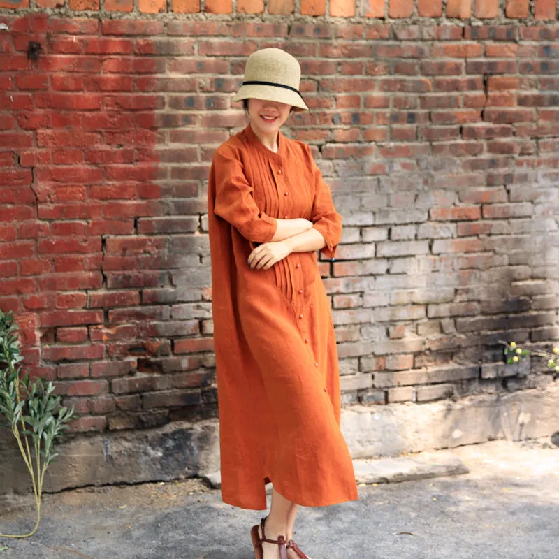 Orange Shirt Dress Linen Casual Summer Button Down Women Dresses Z97291