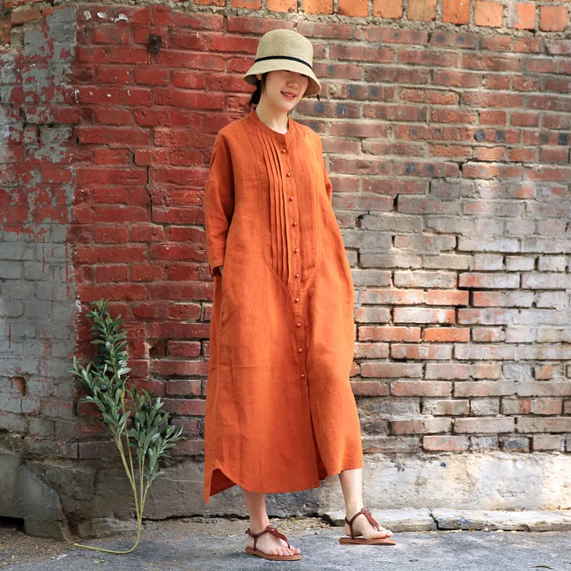 Orange Shirt Dress Linen Casual Summer Button Down Women Dresses Z97291