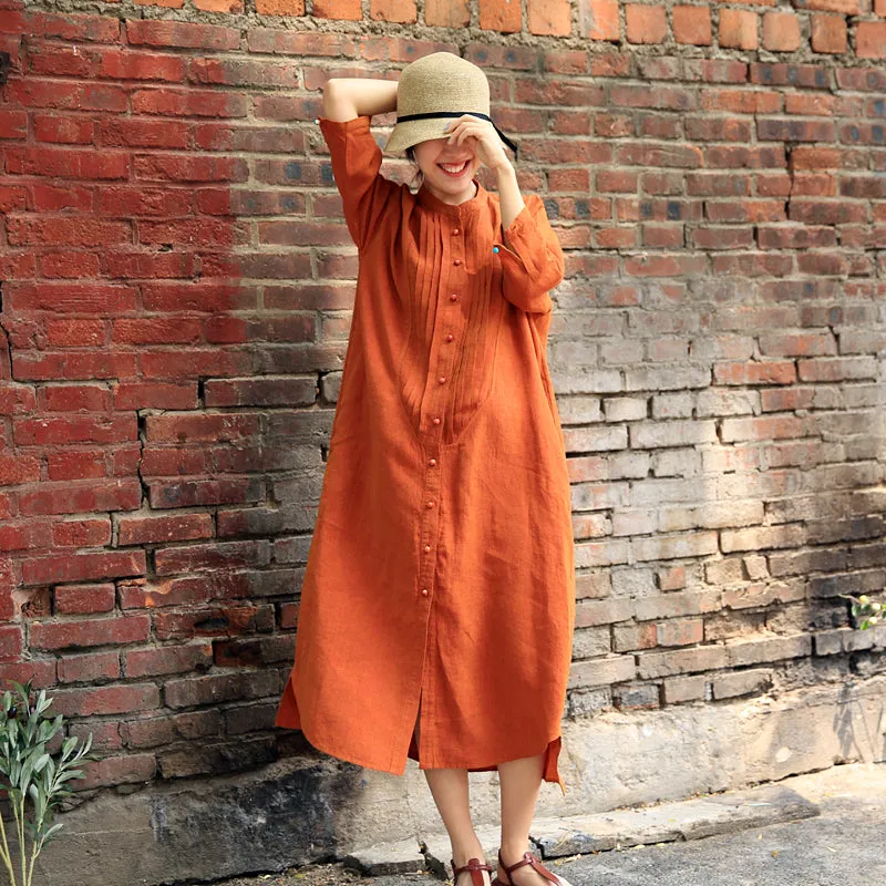 Orange Shirt Dress Linen Casual Summer Button Down Women Dresses Z97291