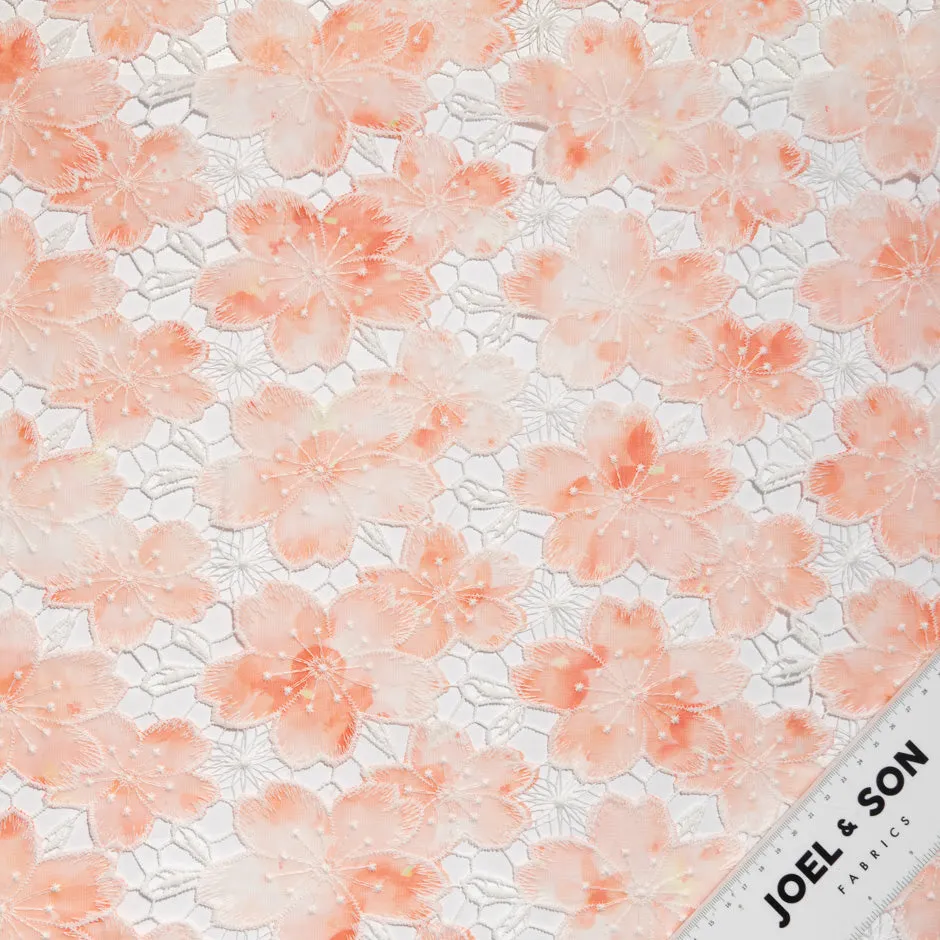 Peach Floral Printed Embroidered Microfibre