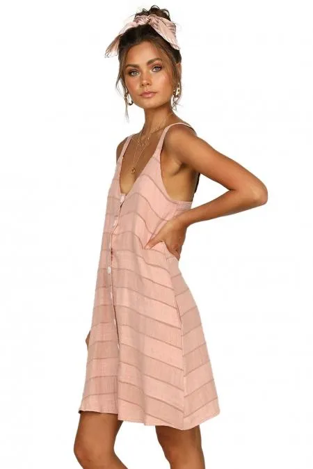 Pink Buttoned Loose Fit Slip Summer Dress