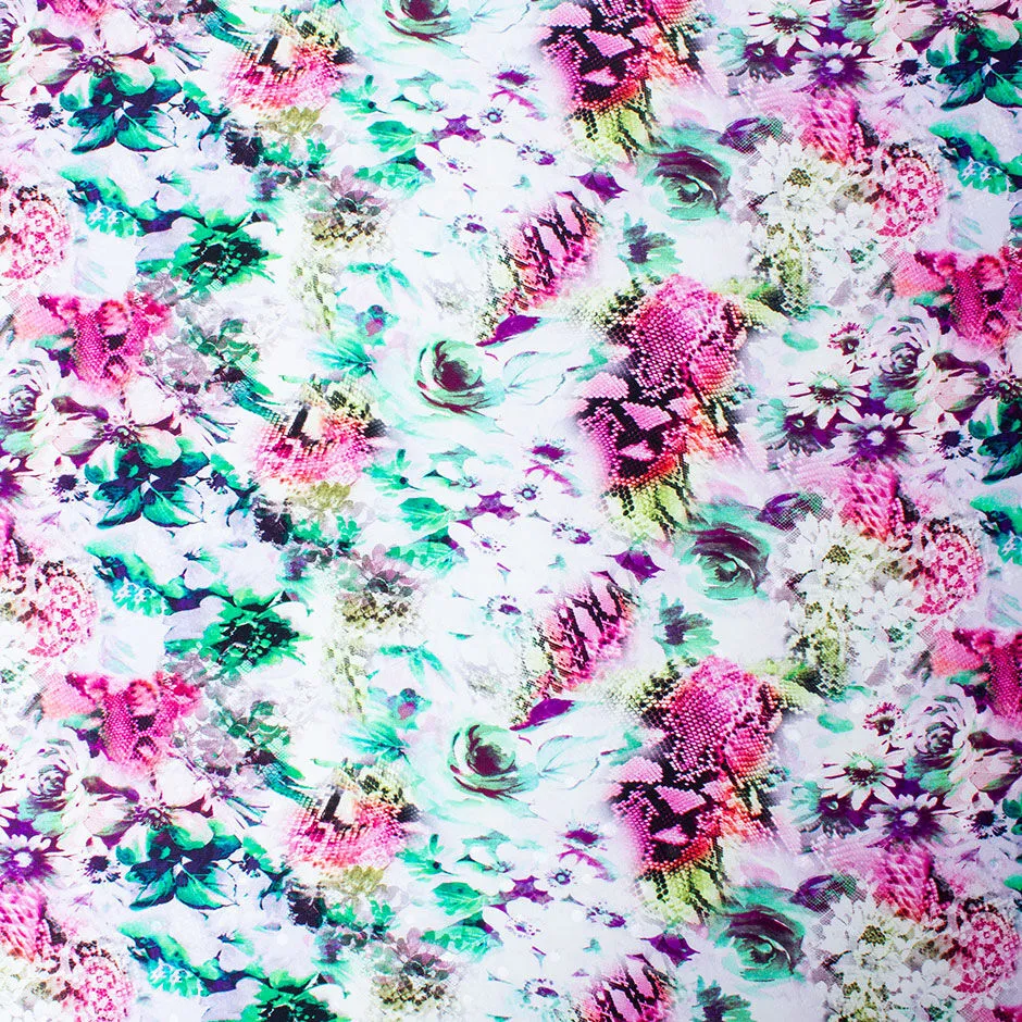 Pink, Green & Lime Floral & Snake Printed Silk Jacquard