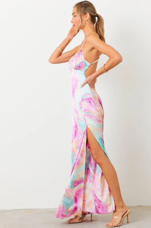 Pink/Blue Printed Open Back Maxi Dress