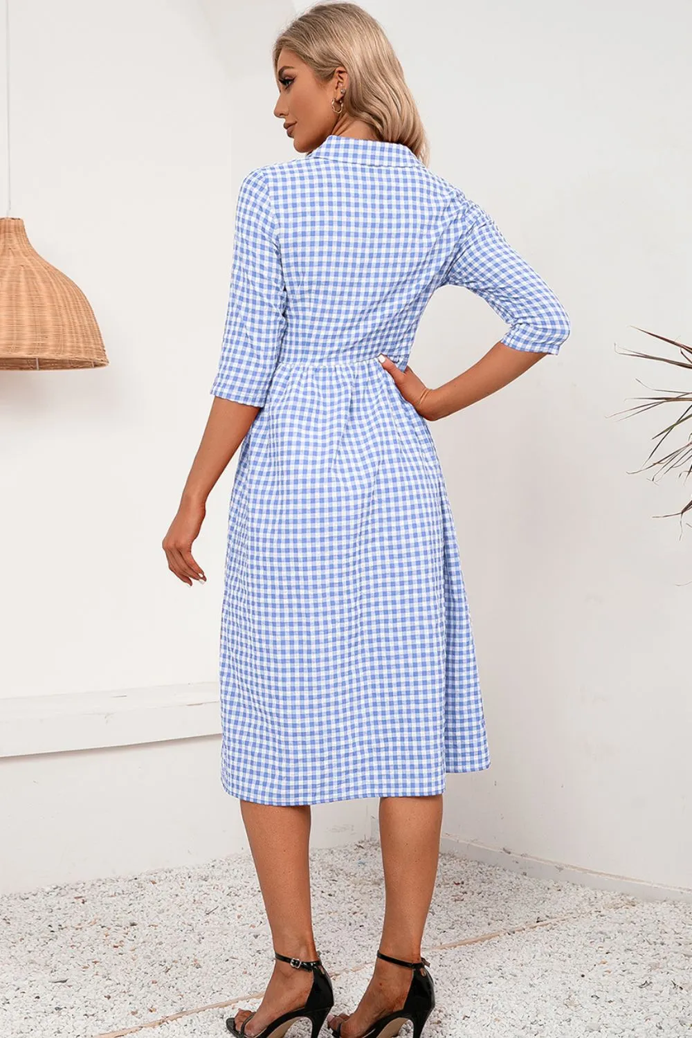 Plaid Collared Neck Midi Dress