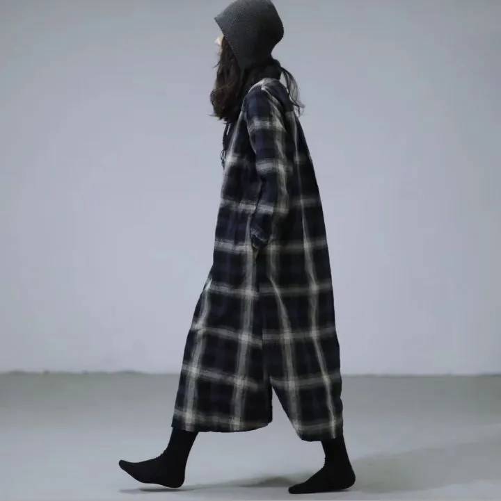 Plaid Loose Casual Spring Autumn Shirt Dress Button Midi Women Dresses LPP97146