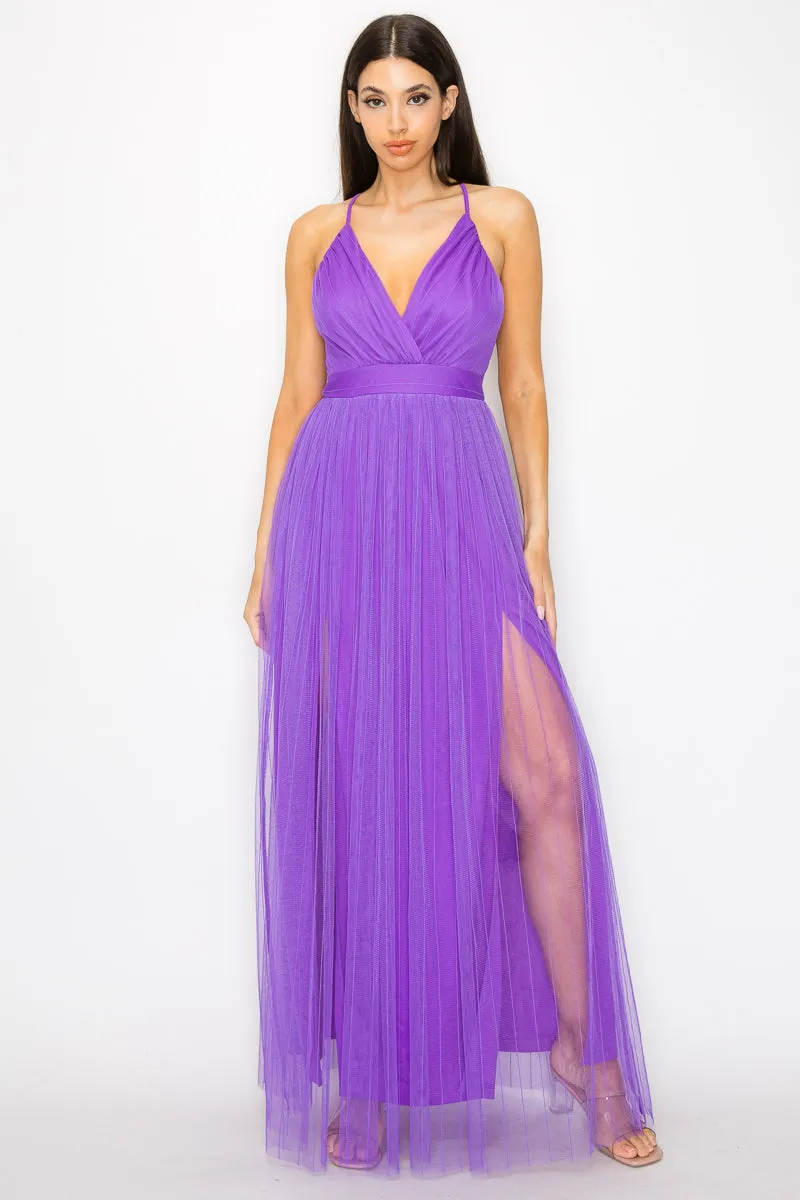 Pleated Mesh Slit Maxi Dress - 3 colors