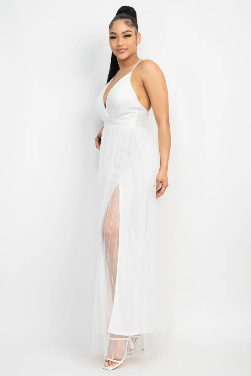 Pleated Mesh Slit Maxi Dress - 3 colors