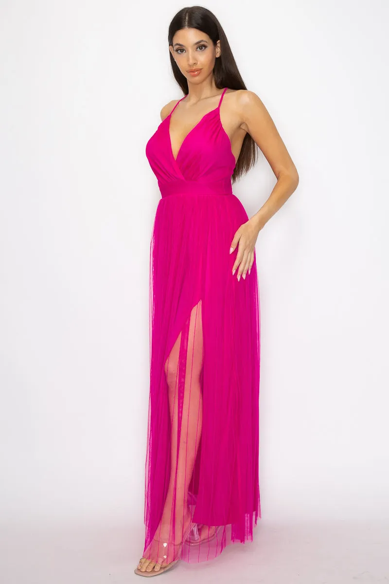 Pleated Mesh Slit Maxi Dress - 3 colors