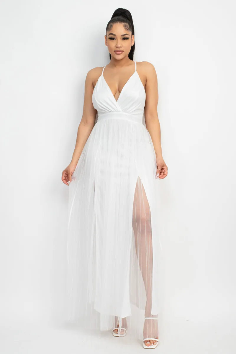 Pleated Mesh Slit Maxi Dress - 3 colors