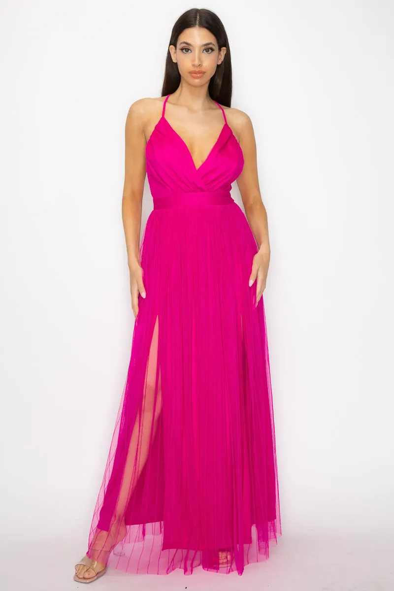 Pleated Mesh Slit Maxi Dress - 3 colors