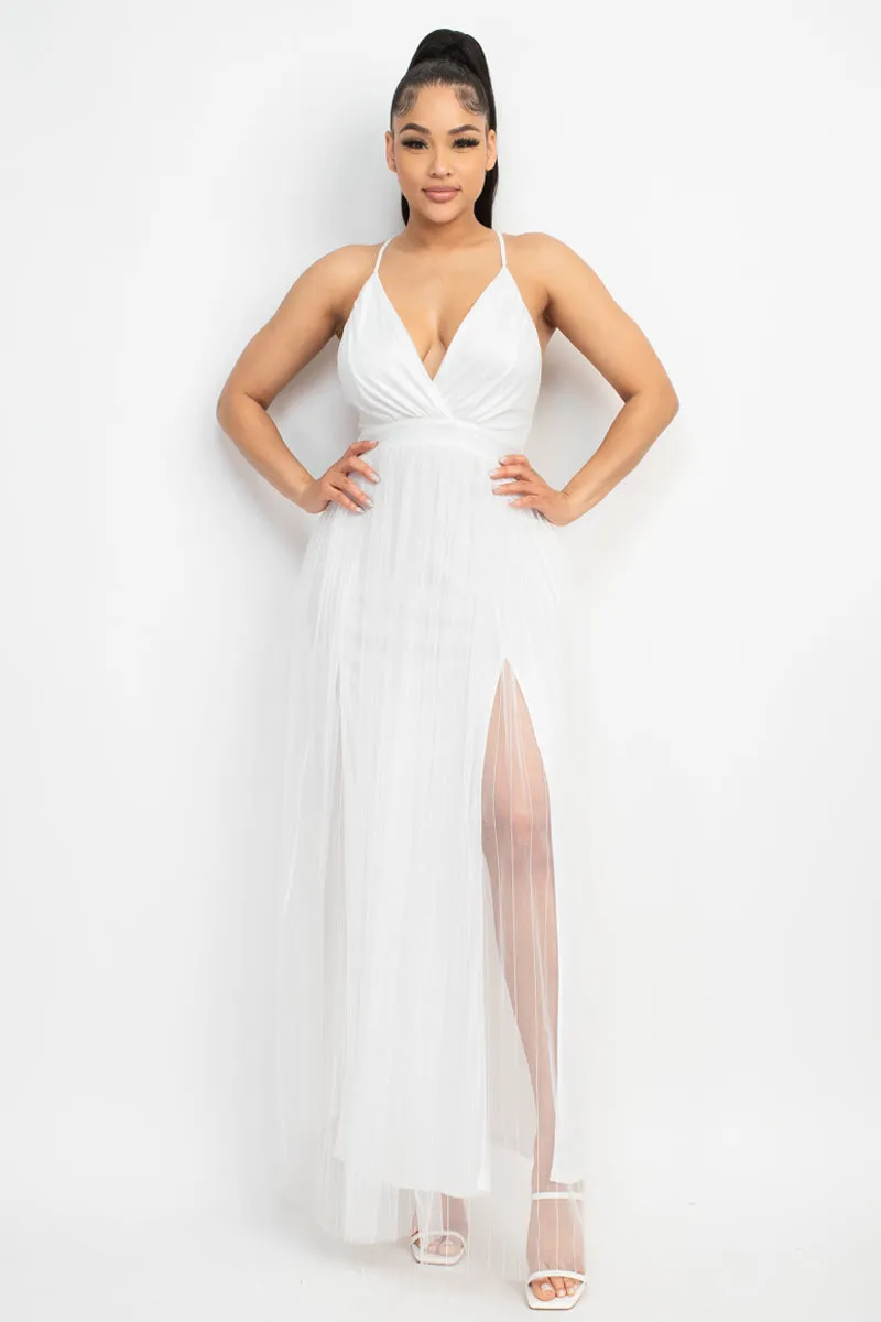 Pleated Mesh Slit Maxi Dress - 3 colors