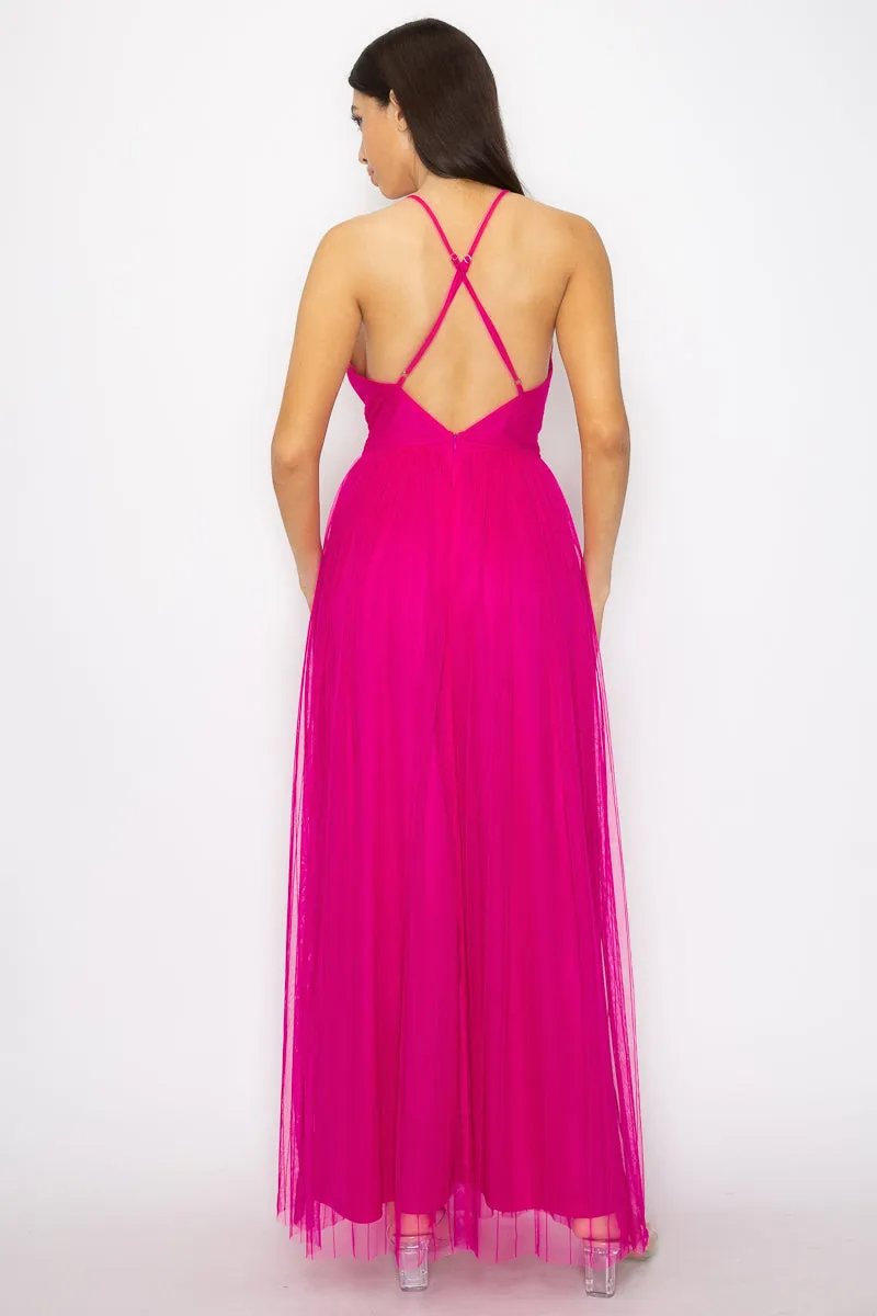 Pleated Mesh Slit Maxi Dress - 3 colors