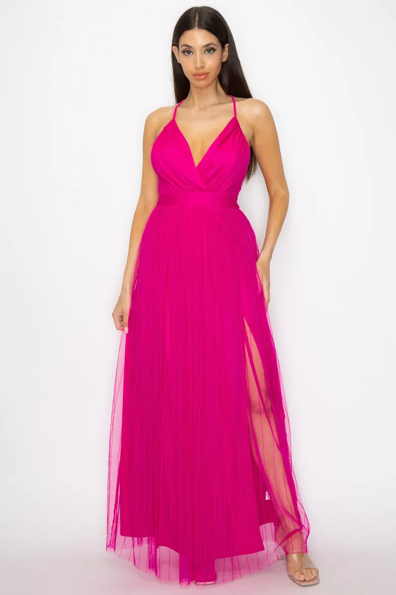 Pleated Mesh Slit Maxi Dress - 3 colors