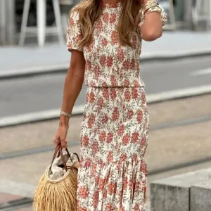 Print Bohemian Long Elegant O Neck Slim Fashion Short Sleeves Pleated Floral Casual Dress