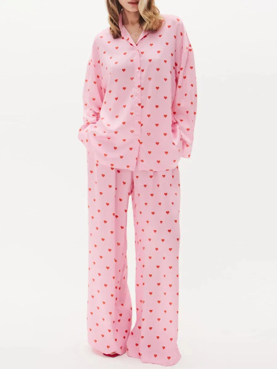 Print Long Sleeve V Neck Casual Button Down Pants Heart Pajamas