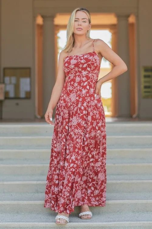 Red Print Rayon Gauze Tiered Maxi Dress