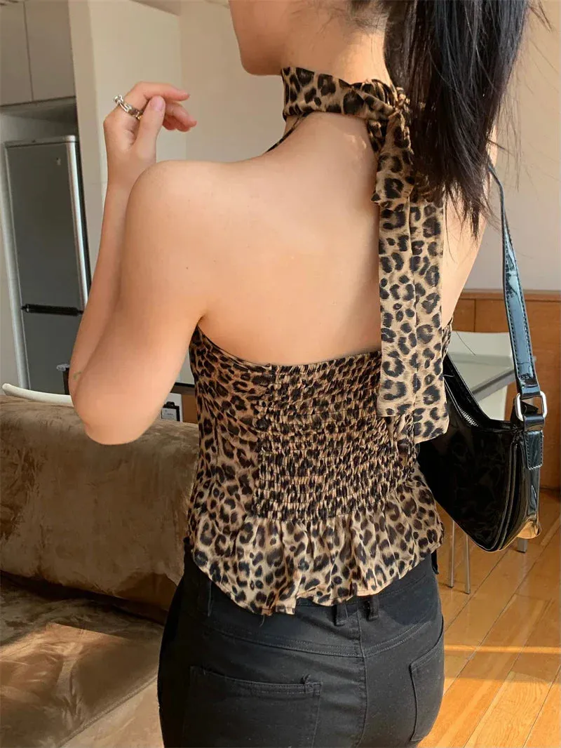 Ruffle Print Trim Fashion Crop Neck Sweetheart Sexy Leopard Benuynffy Streetwear Backless Cami Tube Summer Top