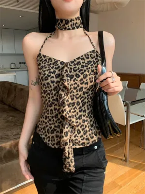 Ruffle Print Trim Fashion Crop Neck Sweetheart Sexy Leopard Benuynffy Streetwear Backless Cami Tube Summer Top