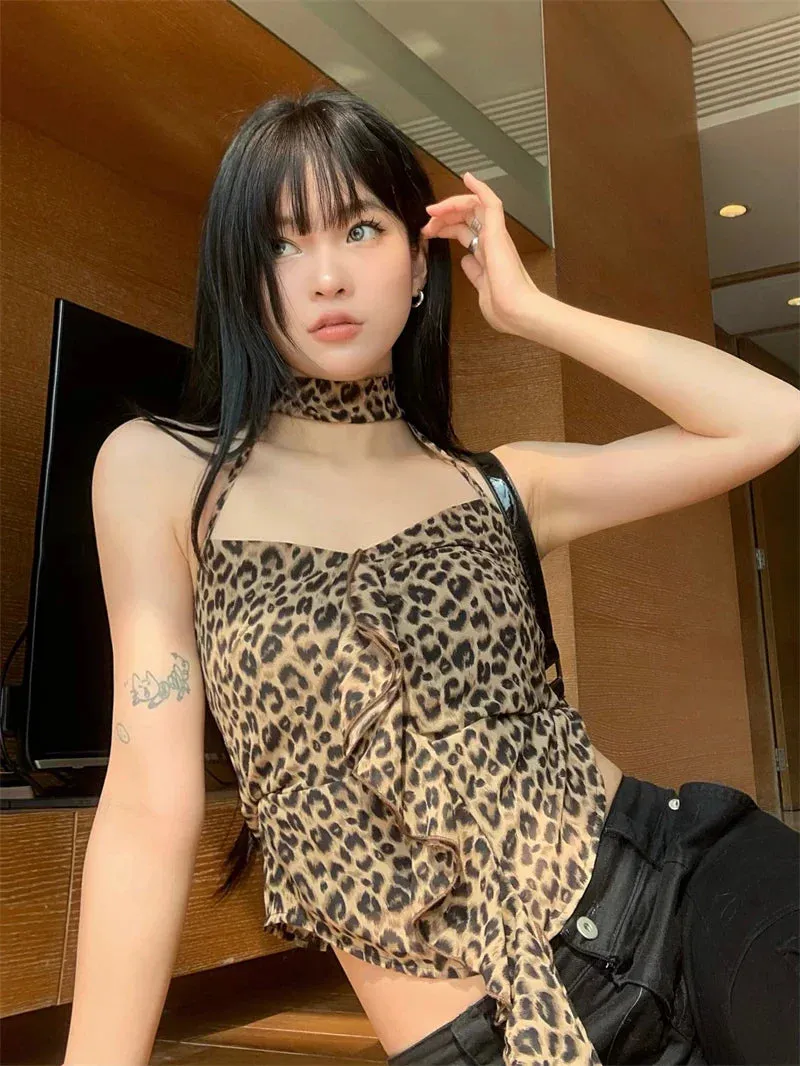 Ruffle Print Trim Fashion Crop Neck Sweetheart Sexy Leopard Benuynffy Streetwear Backless Cami Tube Summer Top