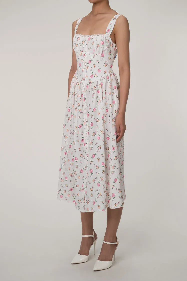 Sexy Lace Square Neck Lace Up Back Fit & Flare Midi Sundress - Floral